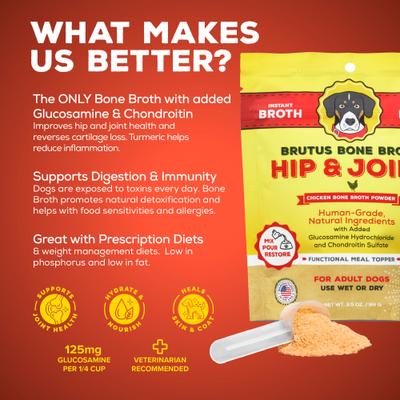 Caldo de hueso de pollo en polvo con glucosamina para perros Hip & Joint, bolsa de 3.5 oz