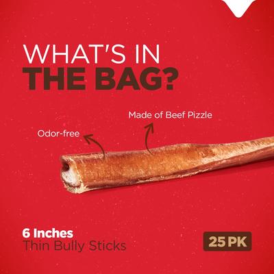 Palitos finos Bully Sticks de 6 pulgadas para perros, 25 unidades