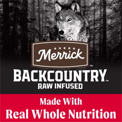 Paquete: Alimento seco sin cereales Merrick Backcountry Raw con infusión Great Plains Red Recipe + Power Bites Real Texas Beef Recipe, premios suaves y masticables sin cereales para perros
