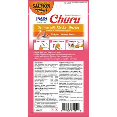 Churu Salmón con Puré de Pollo, Golosinas para lamer para gatos sin cereales, tubo de 0.5 oz, 24 unidades