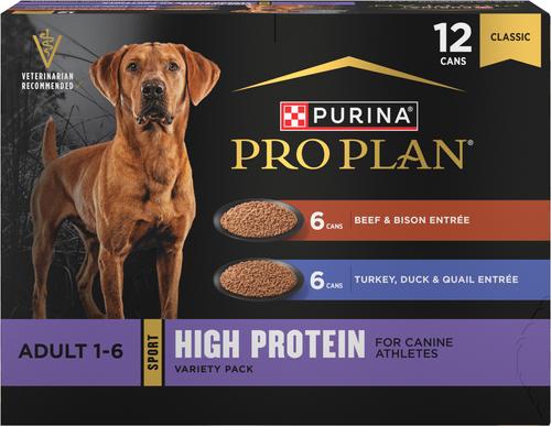 Comida húmeda para perros Sport High Protein Turkey, Lamb & Venison Entrée, lata de 13 oz, caja de 12