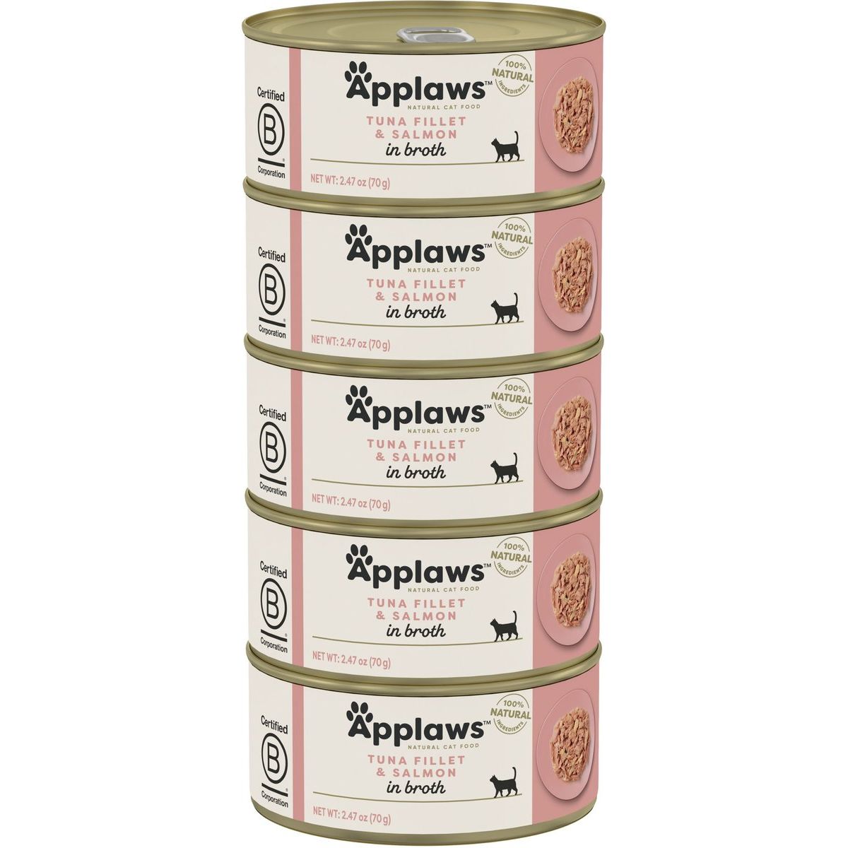 Alimento Húmedo, Ingredientes Limitados Filete de Atún y Salmón en Broth. 70 g, caja de 5. - Applaws
