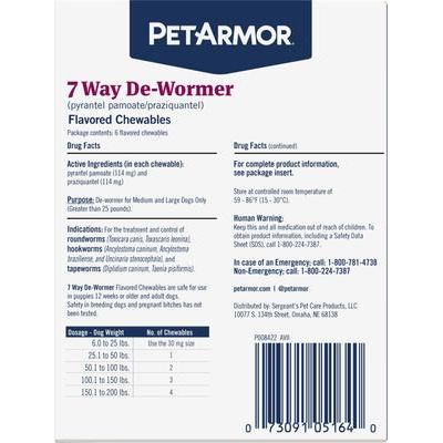 Desparasitante de 7 vías para anquilostomas, ascárides y tenias para perros de razas medianas y grandes, 6 unidades