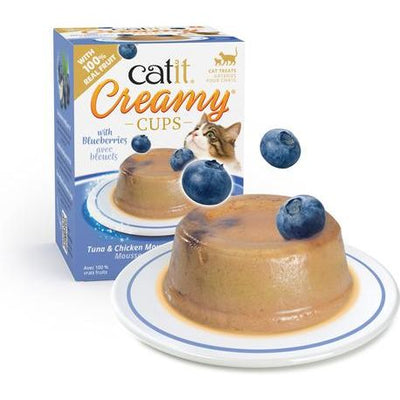 Tazas cremosas con mousse de frutas, atún y pollo con premio para lamer de arándanos para gatos, taza de 0.9 oz, 4 unidades