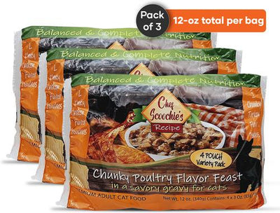 Chef Scoochies Recipe Variety Pack with Real Chunky Poultry in Savory Gravy Wet Cat Food Pouch, 12-oz, case of 12