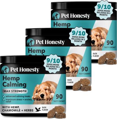 Hemp Calming Max-Strength Duck Flavored Melatonin, Ashwaganda & L-Theanine Chews Calming & Anxiety Supplement for Dogs, 90-count