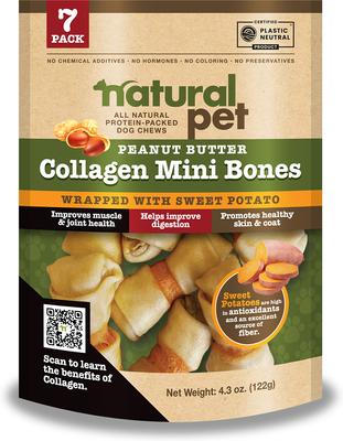 Collagen Mini Bones Peanut Butter with Sweet Potato Natural Dog Chew Treats, 7 count