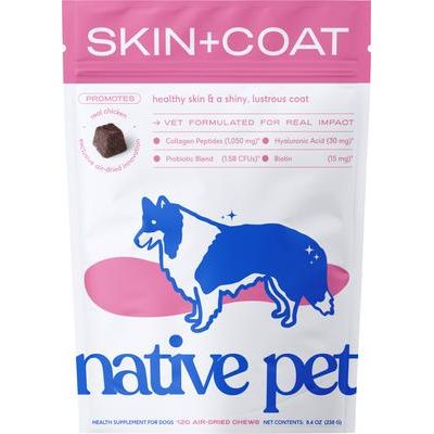 Native Pet, Skin+Coat Chews, Colágeno + DHA + Aceite de Salmón + Vitamina E + Zinc + Biotina, sabor Pollo, Perros, 30 / 60 / 120 masticables