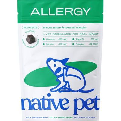 Native Pet, Allergy Chews, Calostro + Espirulina + Postbióticos + Probióticos + Aceite de Algas para Alergias e Inmunidad, sabor Pollo, Perros, 30 / 60 / 90 / 120 masticables