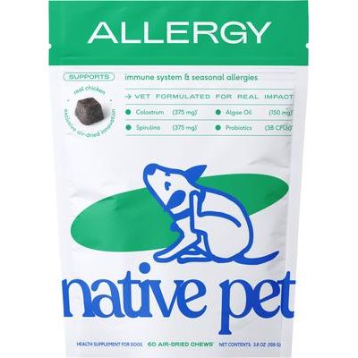 Native Pet, Allergy Chews, Calostro + Espirulina + Postbióticos + Probióticos + Aceite de Algas para Alergias e Inmunidad, sabor Pollo, Perros, 30 / 60 / 90 / 120 masticables