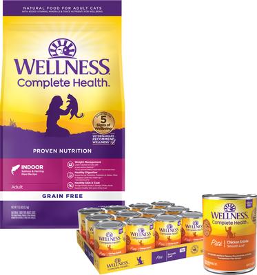Bundle: Wellness Complete Health Pate Chicken Entree Grain-Free Canned Cat Food, 3-oz, case of 24 + Wellness Complete Health Natural Grain-Free Salmon & Herring Dry Cat Food, 11.5-lb bag