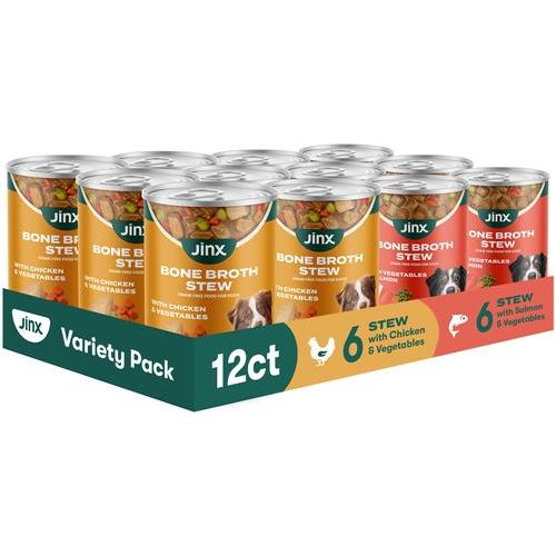 Alimento húmedo para perros sin cereales, estofado de caldo de huesos con salmón y verduras, lata de 13 oz, caja de 12