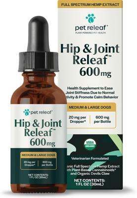 Hip & Joint Releaf Organic Full Spectrum Hemp Extract Oil & Devils Claw Liquid Hip & Joint Health Supplement for Small Dogs & Cats, 1-fl oz bottle