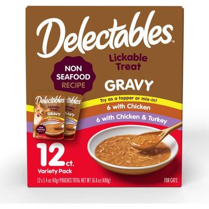 Delectables Lickable Treat Gravy Tuna & Whitefish Lickable Cat Treats, bolsas de 1.4 oz, 12 unidades