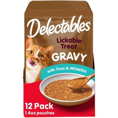 Deliciosas golosinas para lamer con salsa de pollo sin mariscos para gatos, bolsa de 1.4 oz, 12 unidades