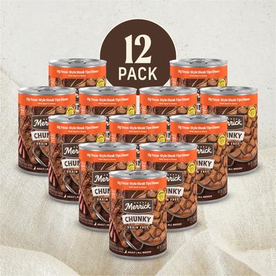 Comida húmeda para perros sin cereales Chunky Big Texas Steak Tips Dinner, lata de 12.7 oz, caja de 12