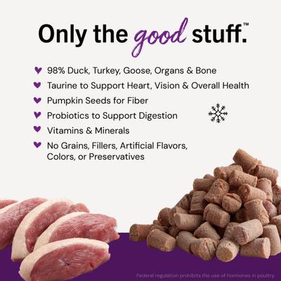 Frozen Duck Duck Goose Morsels Grain-Free Frozen Cat Food, 1.25-lb bag, case of 4