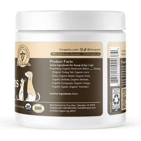 Fera Pets, Mushroom Blend for Immune Support USDA Organic for Dogs and Cats. 120 scoops