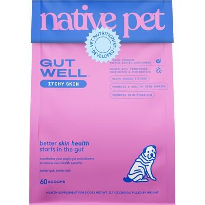Native Pet, GutWell Itchy Skin, Prebióticos + Probióticos + Postbióticos + Zinc + Vitamina E para Piel e Inmunidad, Perros, 60 / 120 scoops