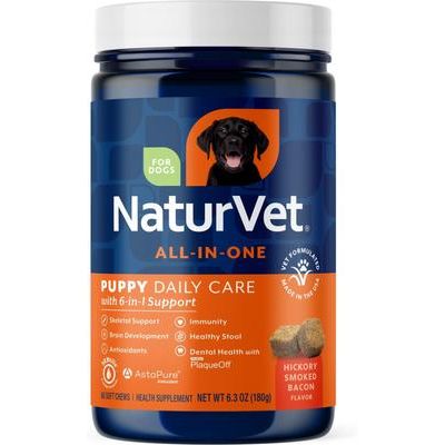 NaturVet, Puppy Daily Care All-In-One, masticables con calostro, hongos, probióticos y omegas para cachorros, sabor tocino ahumado, 60 unidades