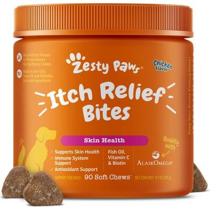 Zesty Paws, Itch Relief Bites Skin Health para Perros, sabor Cordero. 50 y 90 chews