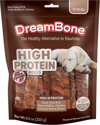 High Protein Rolls Water Buffalo, Chicken & Peanut Butter Flavor Dog Treat Chew, 4 count