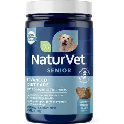 NaturVet, Advanced Joint Care Senior, masticables con glucosamina, MSM, colágeno, condroitina y mejillón verde para perros mayores, sabor tocino y pollo, 60 / 120 unidades