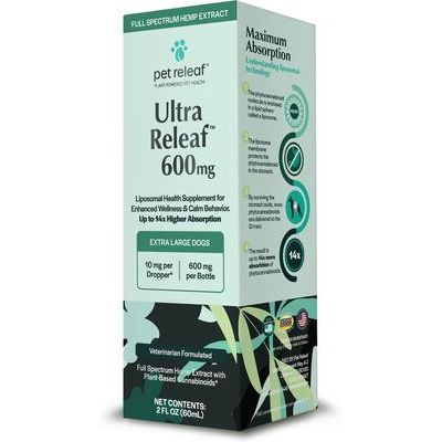 Aceite de cáñamo de espectro completo Ultra Releaf Liposome 600 mg, suplemento calmante líquido para perros extragrandes (botella de 56 ml)