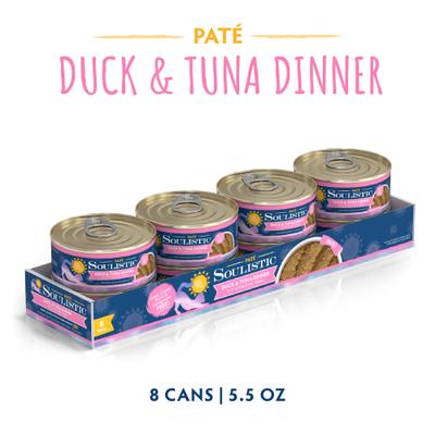 Comida húmeda para gatos Paté Duck & Tuna Dinner en puré hidratante, lata de 5.5 oz, caja de 8