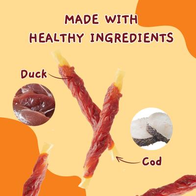 Palitos de bacalao envueltos en pato sin cuero crudo, premios para perros, bolsa de 10.6 oz