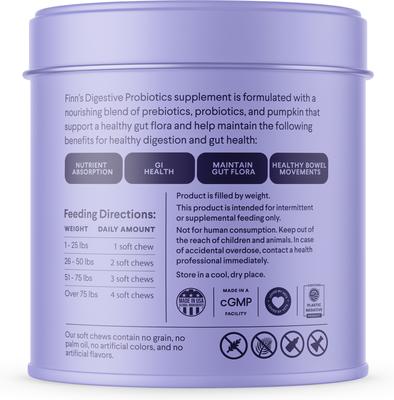 Suplemento masticable prebiótico y probiótico digestivo con sabor a mantequilla de maní para perros, 90 unidades