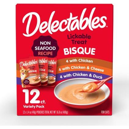 Bisque de golosinas para lamer Delectables, receta sin mariscos con pollo, golosinas para gatos para lamer, 1.4 oz, caja de 12
