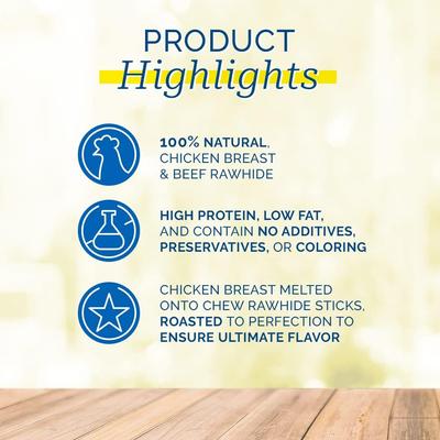 Galletas de cuero crudo Chicken Dumbbells para perros, frasco de 1 lb