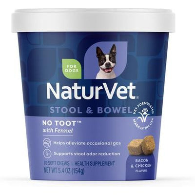 NaturVet, No Toot Stool & Bowel, masticables con hinojo y enzimas digestivas para perros, sabor tocino y pollo, 70 unidades