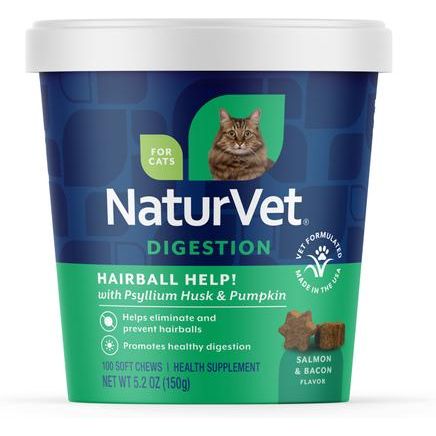 NaturVet, Hairball Help! Digestion, masticables con calabaza y psyllium para bolas de pelo de gatos, sabor salmón y tocino, 50 / 60 / 100 unidades