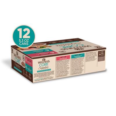 Paquete variado de comida húmeda en hojuelas para gatos Signature Selects Seafood Selection, sin cereales, lata de 5.3 oz, caja de 12