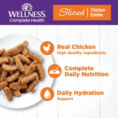 Comida enlatada para gatos Complete Health Sliced Chicken Entree sin cereales, 5.5 oz, caja de 24