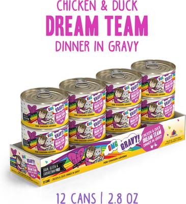 ¡Dream Team! Alimento húmedo enlatado para gatos con pollo y pato en salsa, lata de 75 g, caja de 12