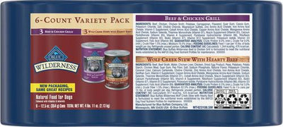 Wilderness Grain-Free Beef & Chicken Grill & Wolf Creek Stew Hearty Beef in Gravy Variety Pack Dog Wet Food, 12.5-oz can, 6 count