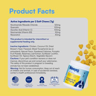 Boops Pets, Longevity and Healthy Aging para Perros, sabor Crema de Cacahuate y Pollo.. 90 chews