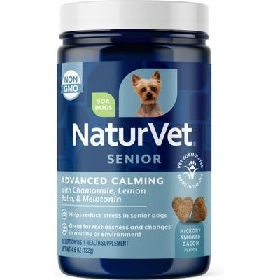 NaturVet, Advanced Calming Senior, masticables con melatonina, manzanilla, pasiflora y ashwagandha para perros mayores, tocino ahumado, 60 / 120 unidades
