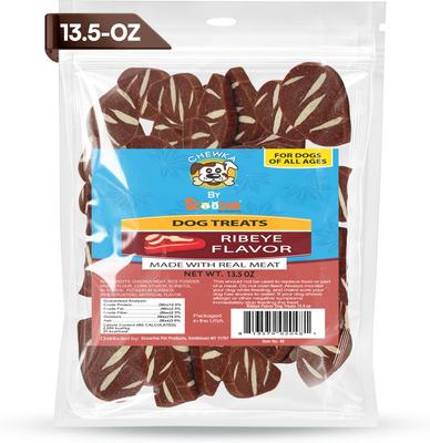 Golosinas para perros Chewka Real Meat, suaves y masticables, con sabor a chuletón jugoso, bolsa de 13.5 oz
