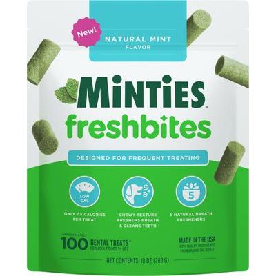 Minties, FreshBites - Premios Dentales Suaves para Perros, Alfalfa + Menta + Hinojo + Eneldo + Perejil, sabor Pollo, 50 / 100 unidades.