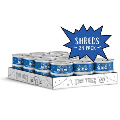 Comida enlatada para gatos Shreds con pescado blanco de océano y atún en salsa, lata de 5.5 oz, caja de 24
