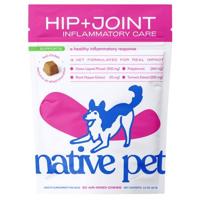 Native Pet, Hip+Joint Inflammatory Care Chews, Mejillón de Labios Verdes + Polifenoles + Cúrcuma + Colágeno, sabor Pollo, Perros, 30 / 60 / 120 masticables