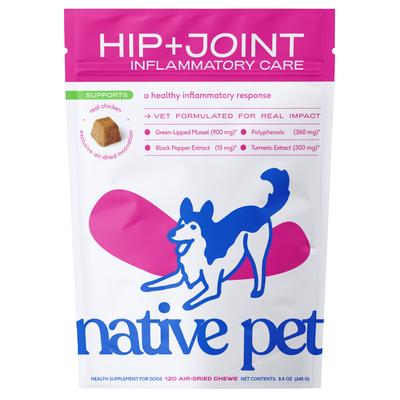 Native Pet, Hip+Joint Inflammatory Care Chews, Mejillón de Labios Verdes + Polifenoles + Cúrcuma + Colágeno, sabor Pollo, Perros, 30 / 60 / 120 masticables