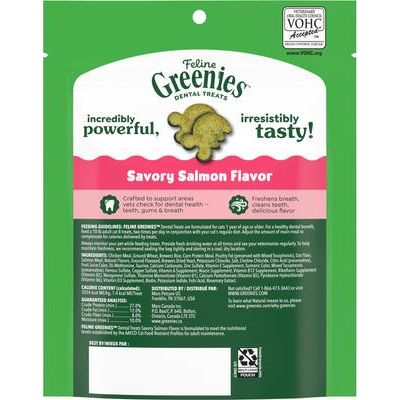 Golosinas dentales naturales para gatos adultos Feline Savory con sabor a salmón, bolsa de 4.6 oz