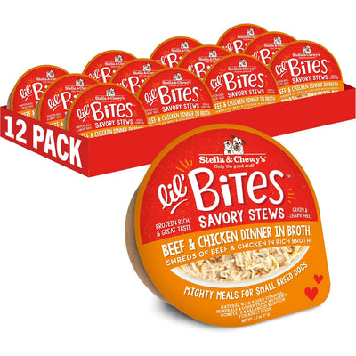 Lil Bites Savory Stews Grain-Free Beef Chicken in Broth Flavored Shredded Small Breed Wet Dog Food. 12 pack.