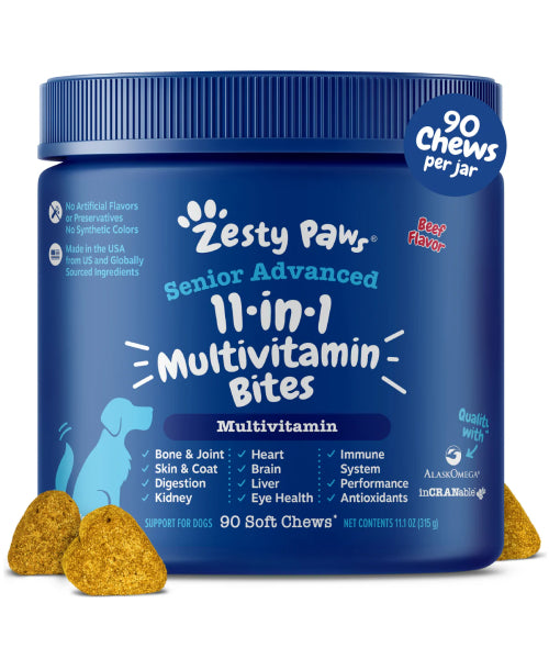 Zesty Paws, Senior Advanced Multivitamínico 11 en 1 para Perros, sabor Carne. 90 y 180 chews