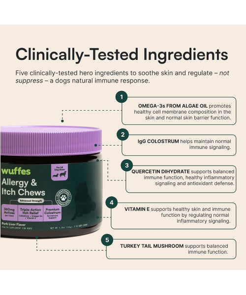 Wuffes, Allergy and Itch con Colostrum para Perros, sabor Puerco. 60 chews